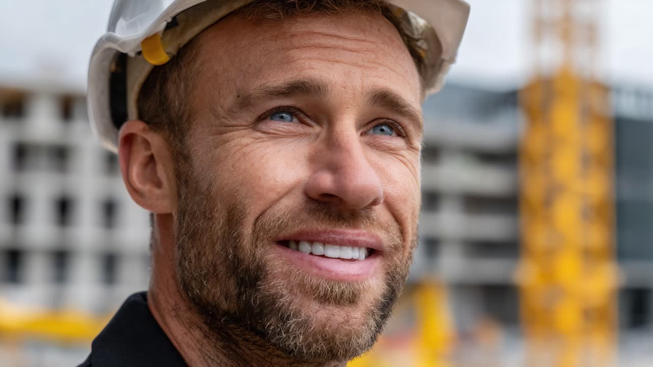 A Construction Worker with a Hard Hat Smiles Joyfully, Reflecting Confidence and Pride Amidst the Ongoing Worksite, Showcasing the Spirit of Teamwork and Accomplishment