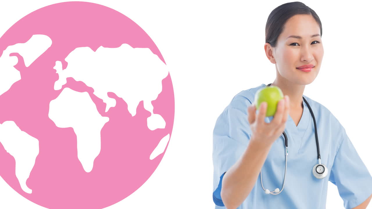 분홍색 리본 로고와 유방암 텍스트의 애니메이션이 다양한 여성 그룹 위에 있습니다.