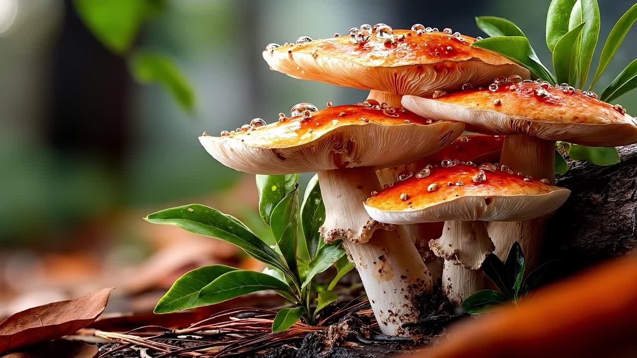 un grupo de hongos sentados encima de un tocón de árbol