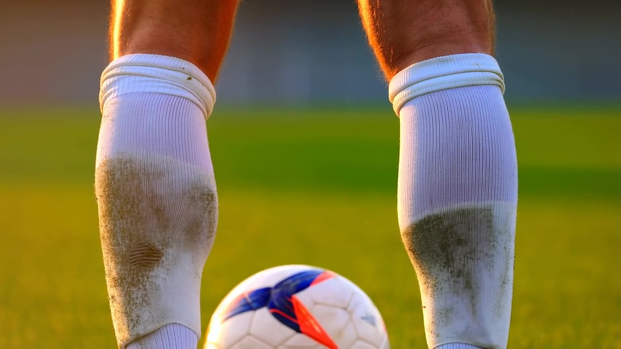 Un punto di vista basso dietro il giocatore, all'altezza del polpaccio, mostra due gambe e ginocchia con calzini bianchi al ginocchio in piedi sopra un pallone da calcio su erba verde brillante, con segni di sporco, luce calda e profondità di campo ridotta.