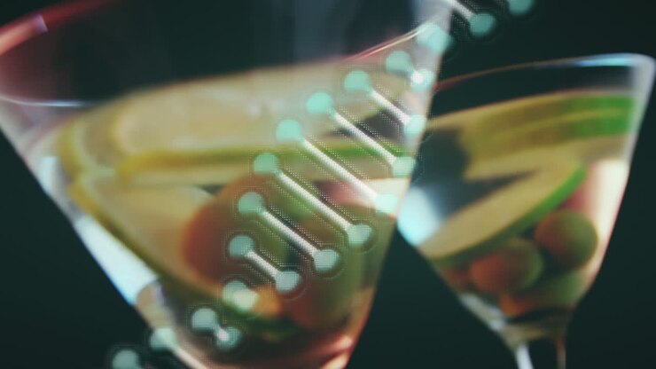 Animazione di un filamento di DNA su bevande con olive e lime su sfondo nero