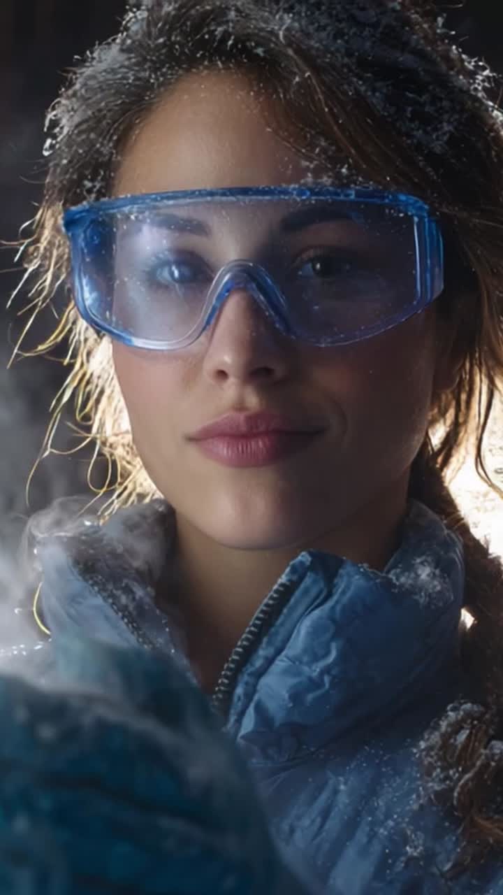 A determined individual in protective eyewear and winter gear, surrounded by a snowy environment, showcasing resilience and focus amidst challenging conditions