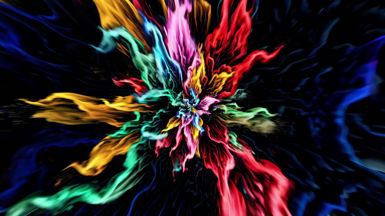 Arte video astratta con colori vivaci e vorticosi che ricordano un'esplosione cosmica