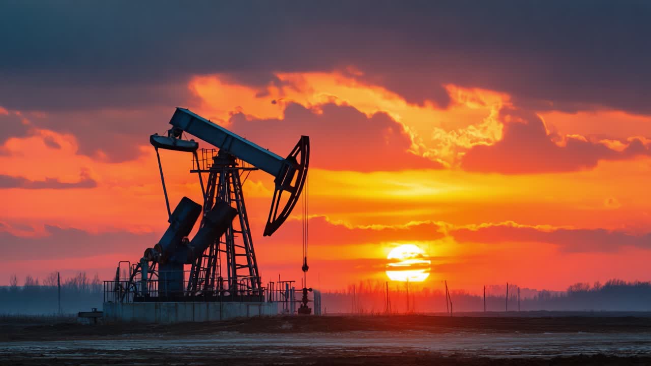 Un Balancín de Bombeo de Petróleo Silueteado Contra un Vibrante Cielo al Atardecer, Capturando la Esencia de la Producción de Energía y la Belleza Natural en Perfecta Armonía