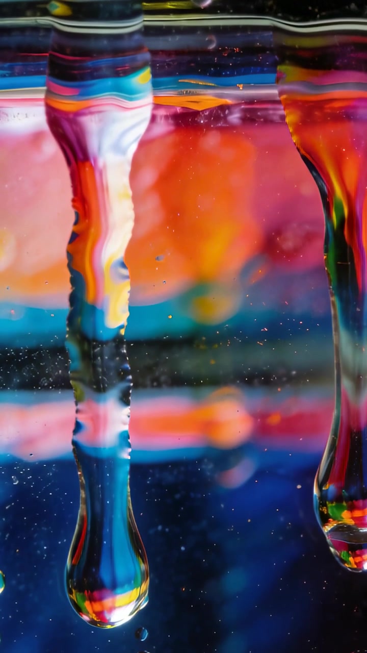 Video verticale: La gravità che tira gocce multicolori dal bordo di un bicchiere in studio, creando perle e strisce.