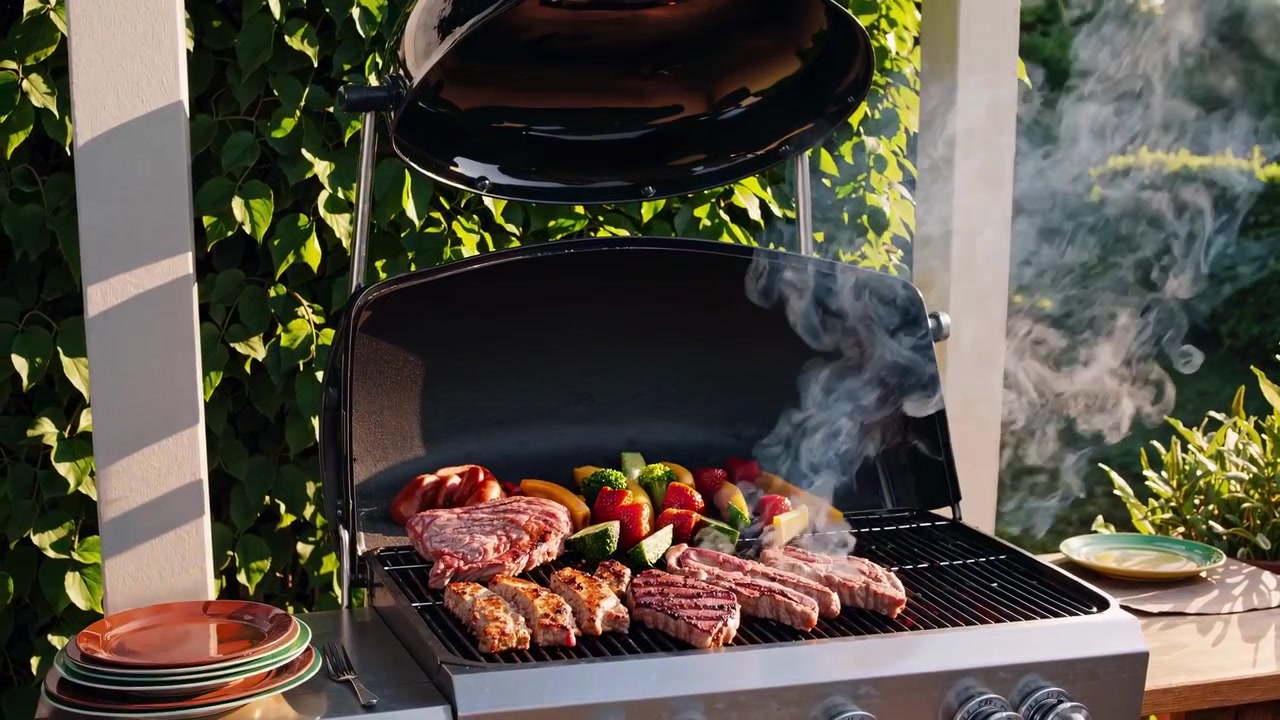 Carne deliziosa e verdure colorate che grigliano su un barbecue all'aperto