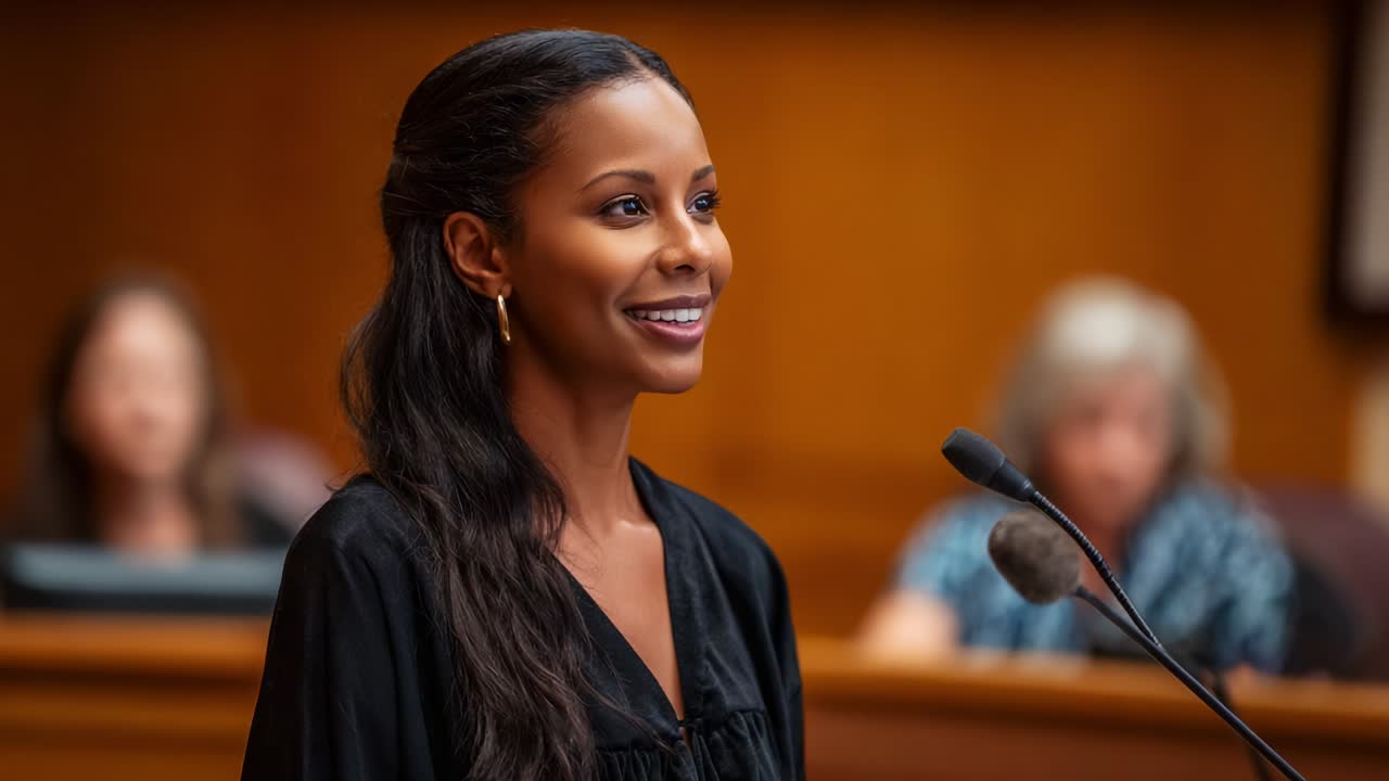 Confident Woman Delivering a Powerful Statement in Courtroom Context: A Captivating Moment of Legal Discourse and Empowerment in a Professional Setting Reflecting Justice and Advocacy