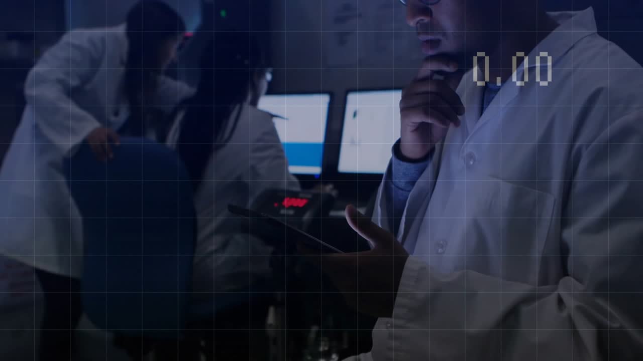 Lab colleagues adjusting tablet and panel, displaying line graph overlay in technology lab