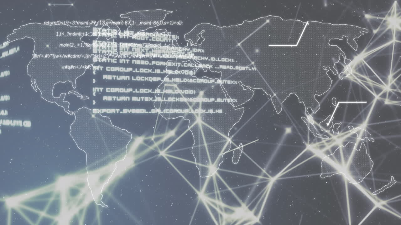 세계 지도를 가로지르는 연결 네트워크의 애니메이션