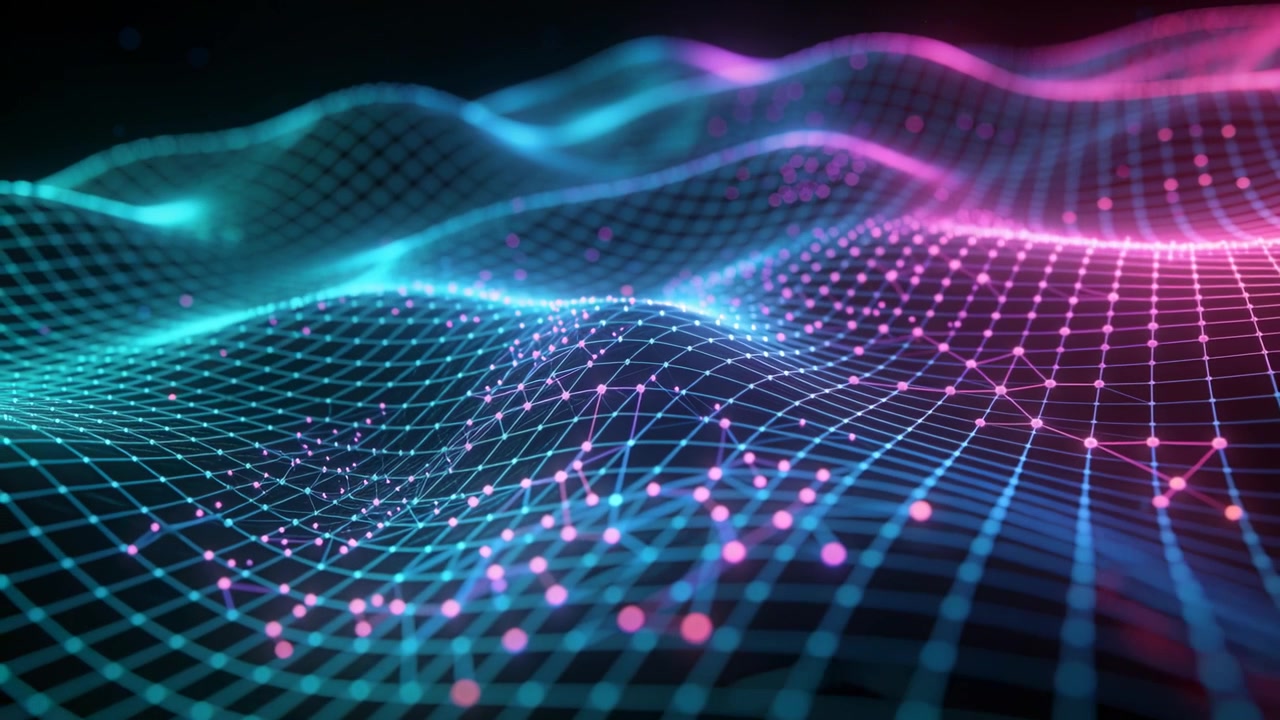 Unfolding neon wireframe mesh pulsing and rippling across dark landscape, simulating data flow