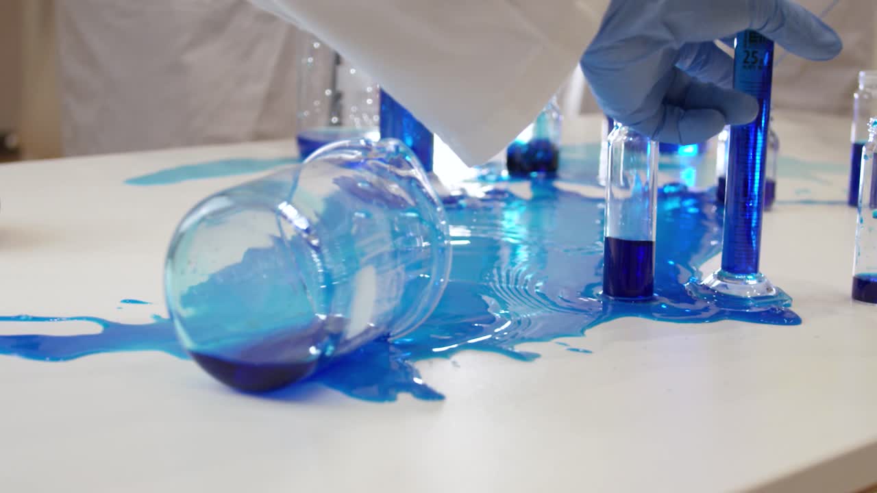 Measuring cups and lab flasks out of glass filled with blue chemicals that are placed on a table of a laboratory are getting knocked over by a clumsy scientist