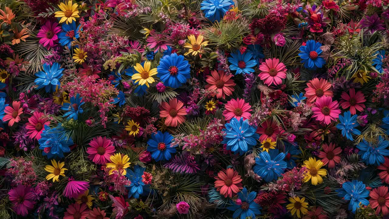 Telecamera che si sposta lentamente su un letto di fiori simili a margherite in studio, rivelando i dettagli dei petali