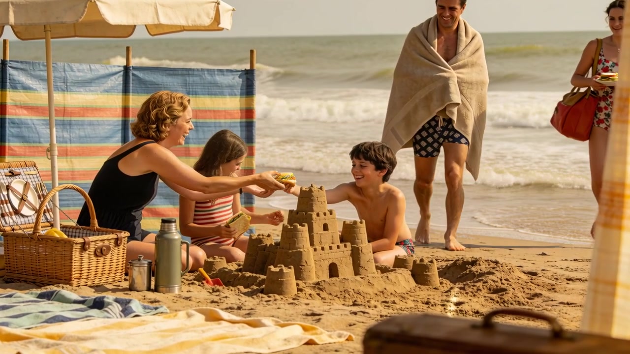 Handing tool, mom in swimsuit helping kids shape sandcastle at beach as adults returning to dry