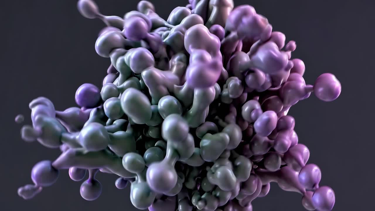 Abstract fluid motion sequence showcasing vibrant purple and gray shapes dynamically merging and evolving, illustrating continuous transformation in a captivating visual display