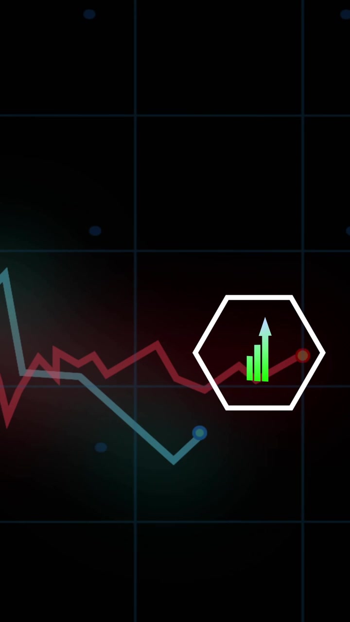 Vertical video: Finance HUD with teal, red lines sweeping grid, peaks creating hex tags for insight