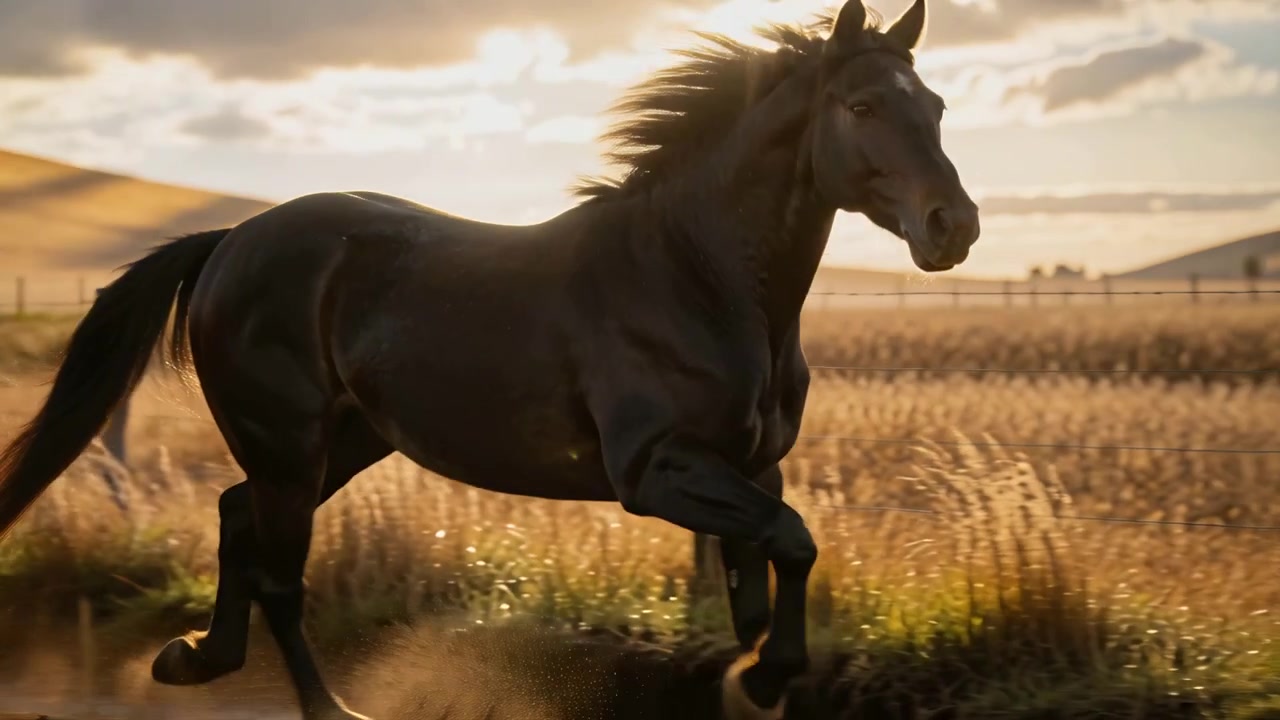 Cavallo scuro al trotto che si muove liberamente lungo una recinzione di legno, passando tra erbe alte, sollevando fango, con la criniera in controluce.
