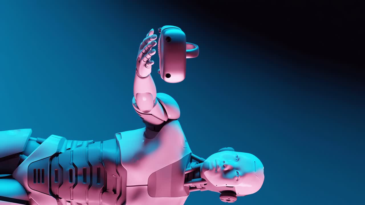 un robot que ofrece auriculares de realidad virtual verticales