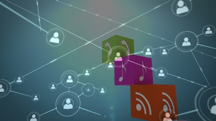 Animation af netværk af forbindelser over tech-ikoner og grøn baggrund