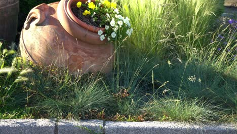 Clay-Pots-With-Flowers-And-Grass-Growing-In-Garden-In-Laveno-Mombello,-Italy