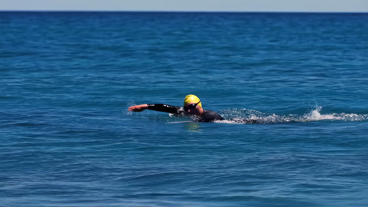 Person swimming in open blue water