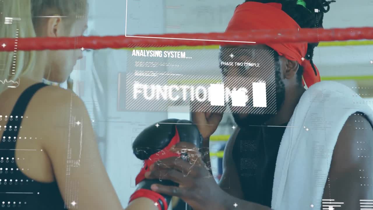 Digital interface with data processing against male coach training female boxer