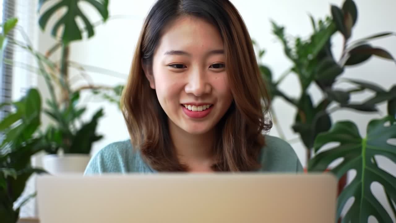 A Young Woman Engaged with Her Laptop, Enjoying a Moment of Connection Amidst Lush Greenery and Indoor Plants in a Bright, Welcoming Space