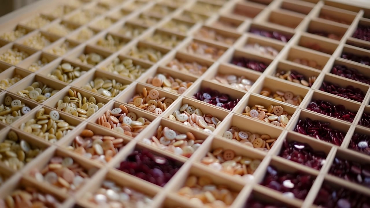 Primo piano di molti piccoli bottoni disposti per colore e dimensione in un organizer di legno poco profondo, con uno sfondo interno caldo e una messa a fuoco morbida.