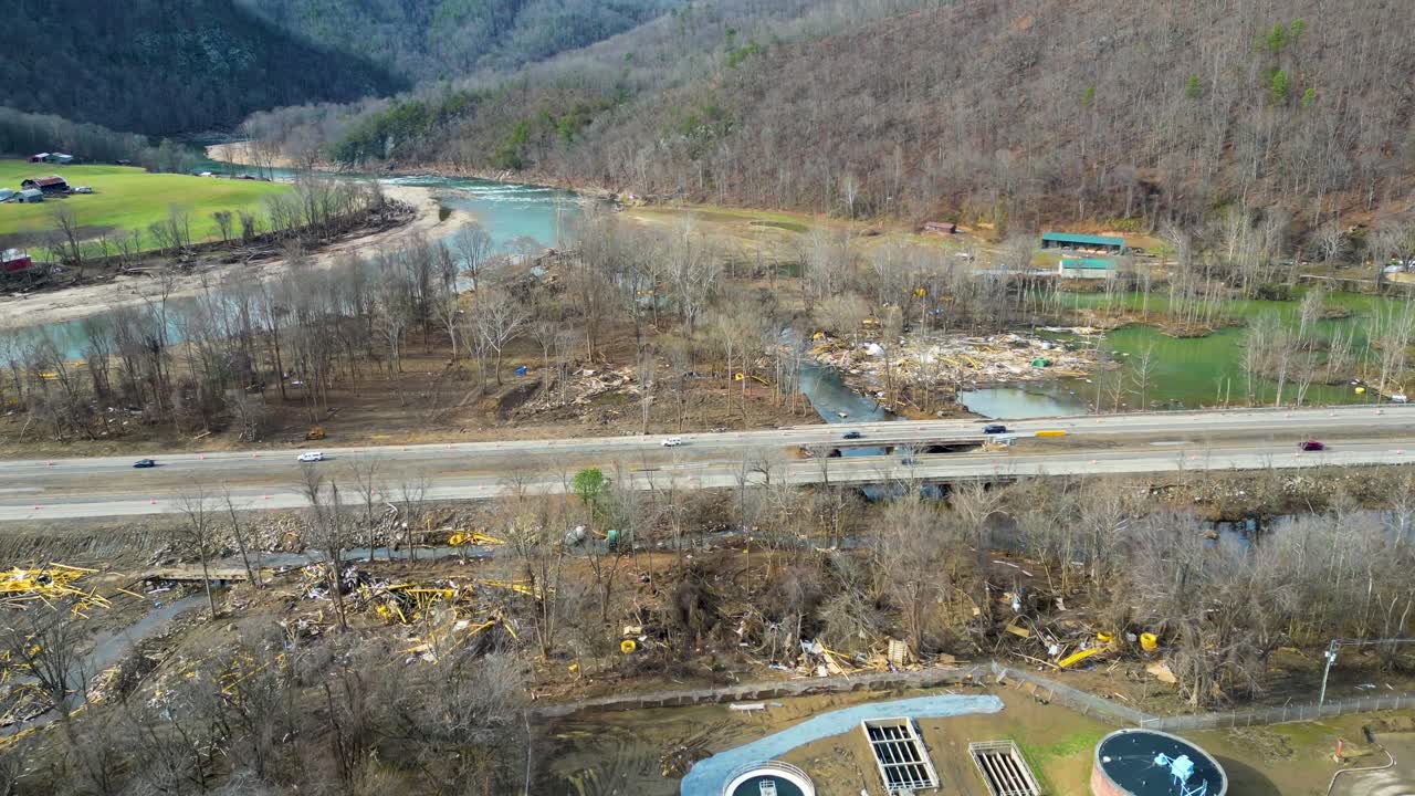 4K Aerial Drone Video of Damage Caused by Flooding of the Nolichucky River Along Interstate 26 in Erwin, TN after Hurricane Helene (2024)