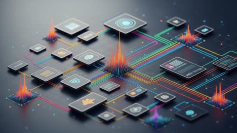 dynamic visualization of data flow and connectivity in a digital network, showcasing vibrant graphical elements and explanatory icons for enhanced understanding