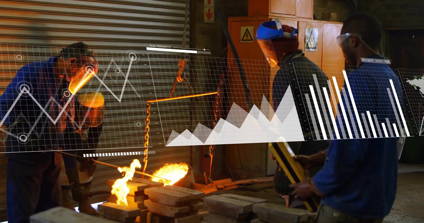 Foundry crew steadying and casting metal to fill mold, assistant controlling crane showing overlay