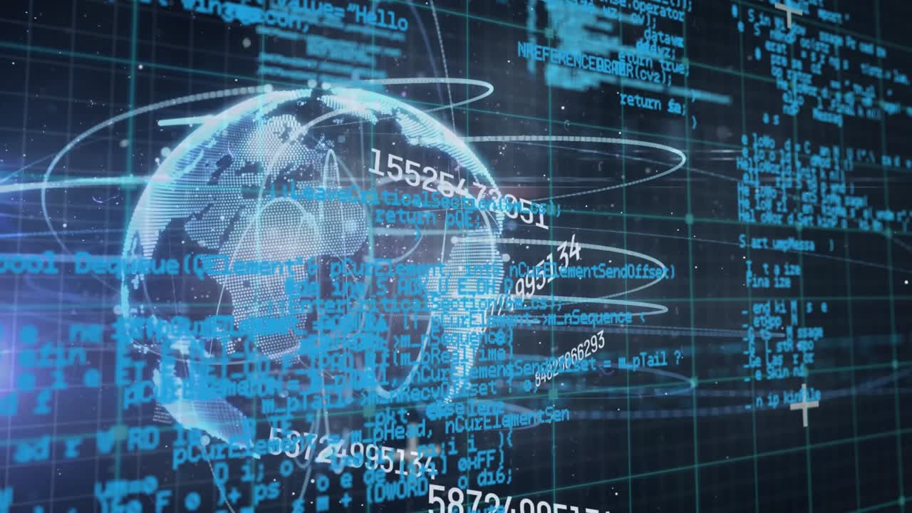 Animation of data processing, numbers and globe on navy background