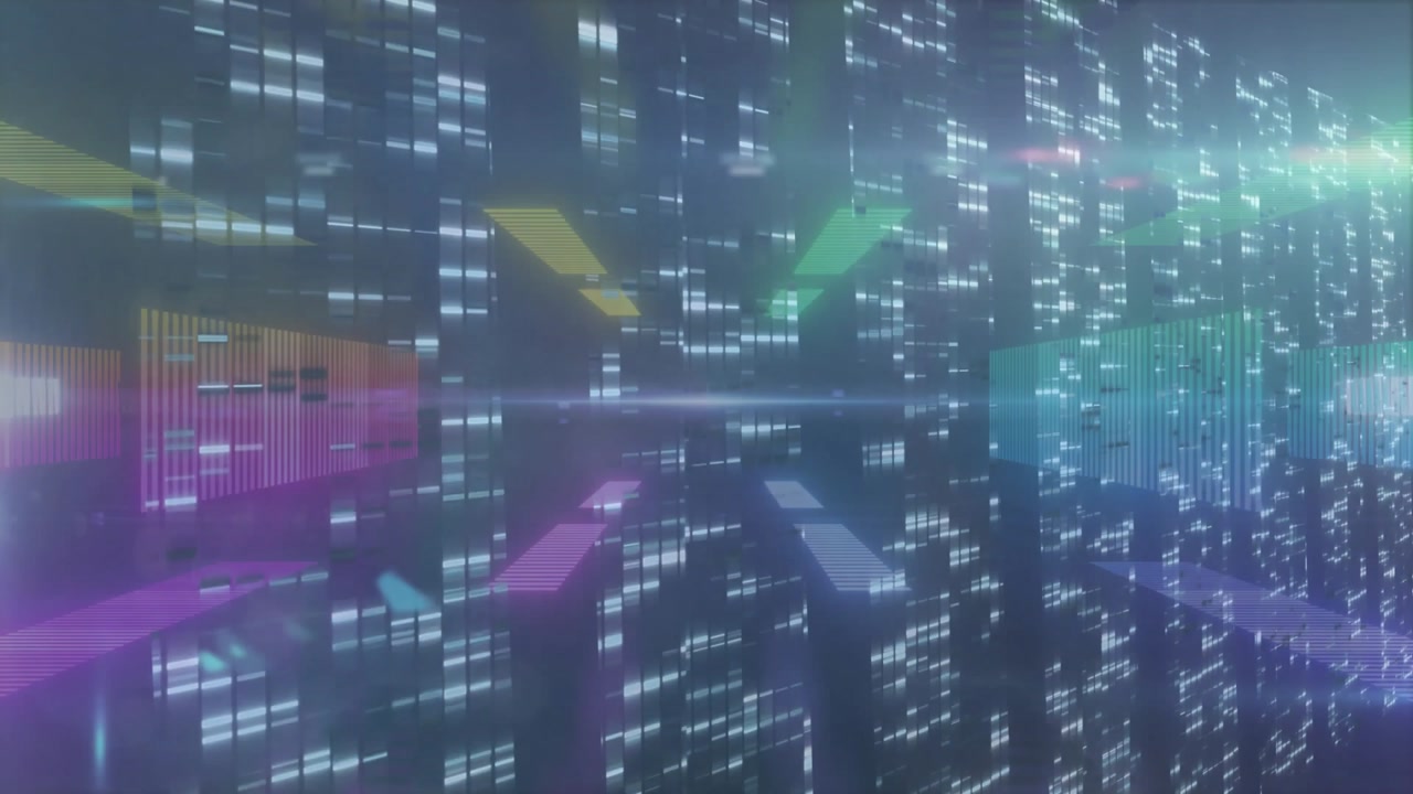 Neon bars floating through mirrored data tunnel, glowing blocks adding depth to digital planes