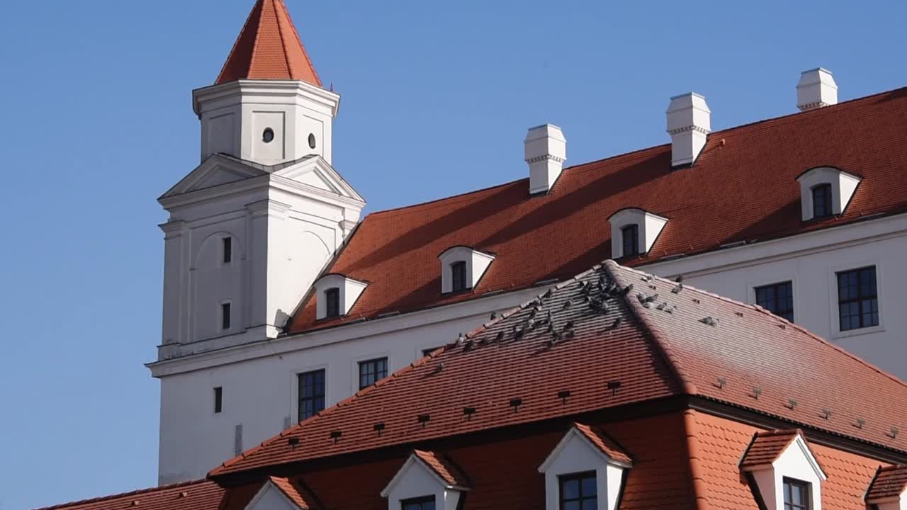 Flock of pigeons taking flight above the red-tiled rooftops of Bratislava Castle on a bright, clear day in Bratislava, Slovakia