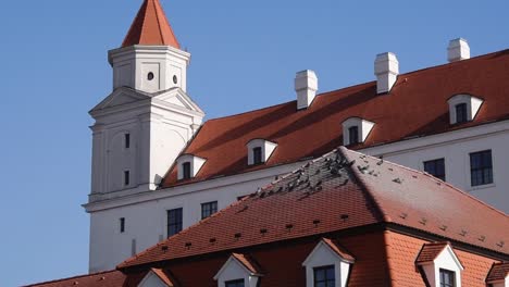 flock of pigeons taking flight above the red-tiled rooftops of bratislava castle on a bright, clear day in bratislava, slovakia