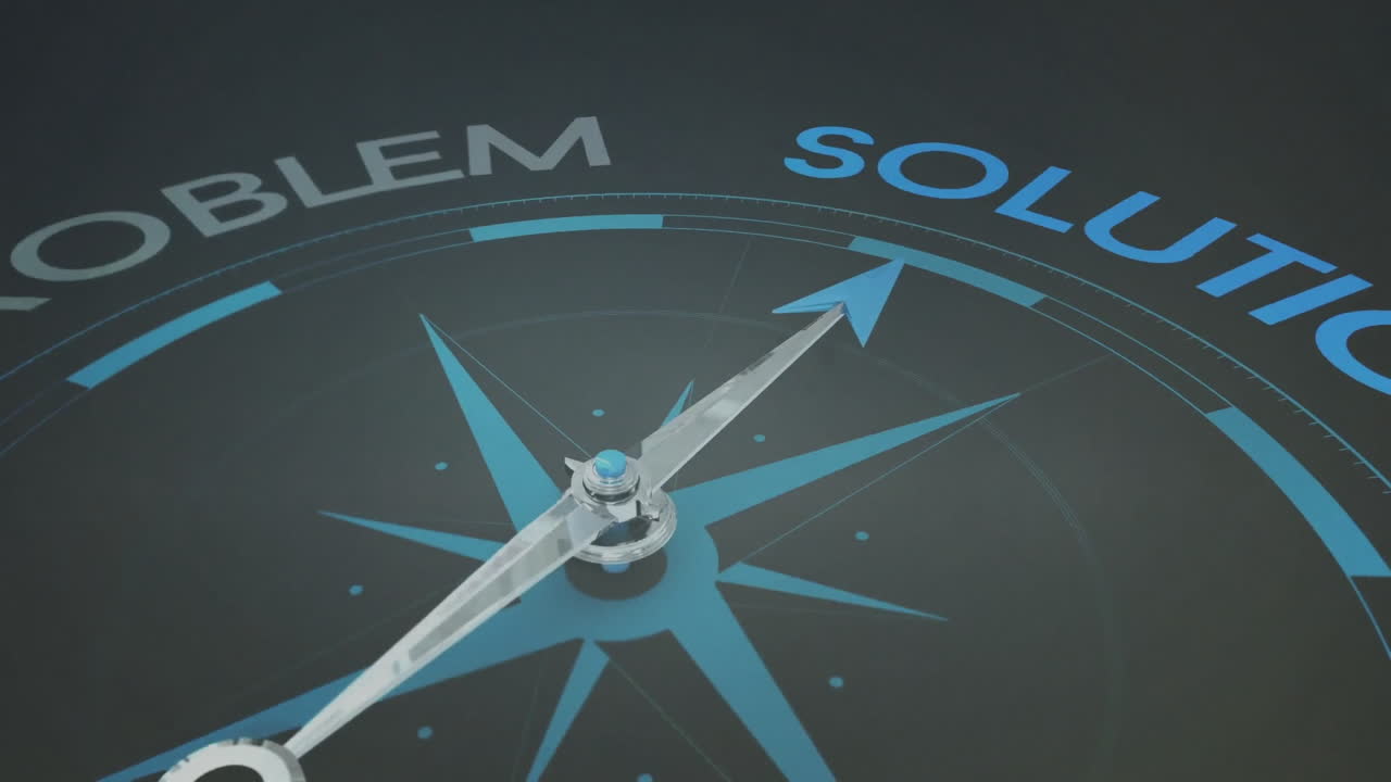 Compass needle pointing to Solution from Problem in animation on dark background