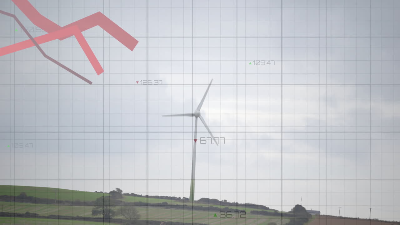 In countryside, wind turbine with data graph animation overlaying landscape