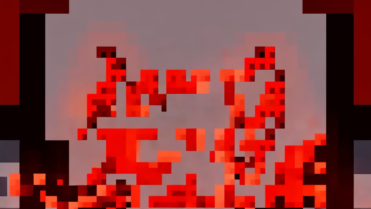 Fragmenting on start, 8-bit red heart scattering into left and right clusters between black columns