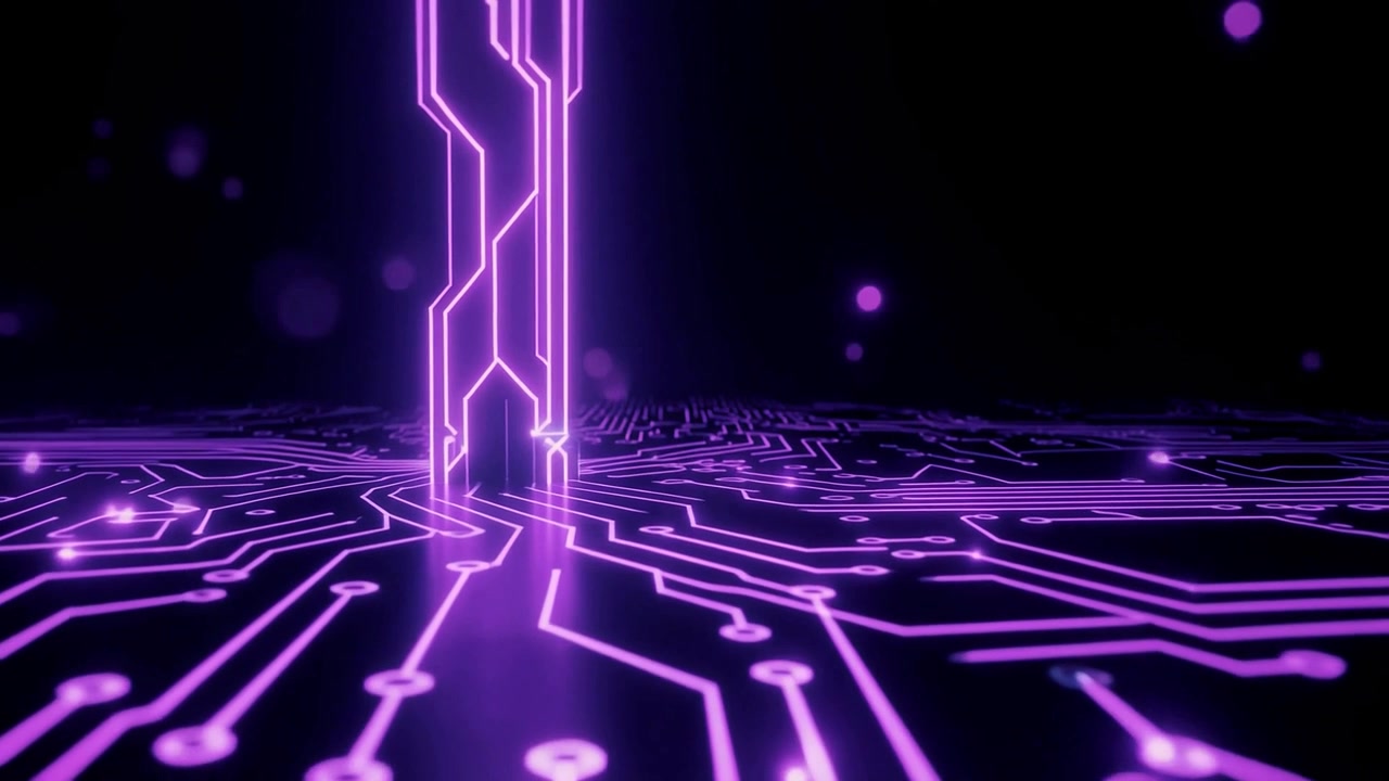 Futuristic Digital Circuit Board with Glowing Purple Data Lines