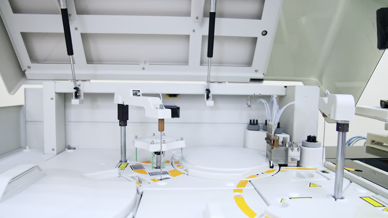 New advanced technology equipment work in modern science laboratory. Some parts of apparatus move periodically.