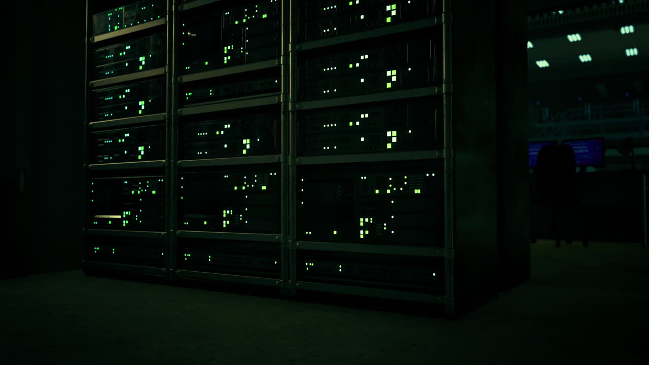 Mysterious data center filled with glowing green lights at nightfall