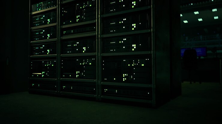 Mystisk datacenter fyldt med glødende grønne lys ved aftenstid