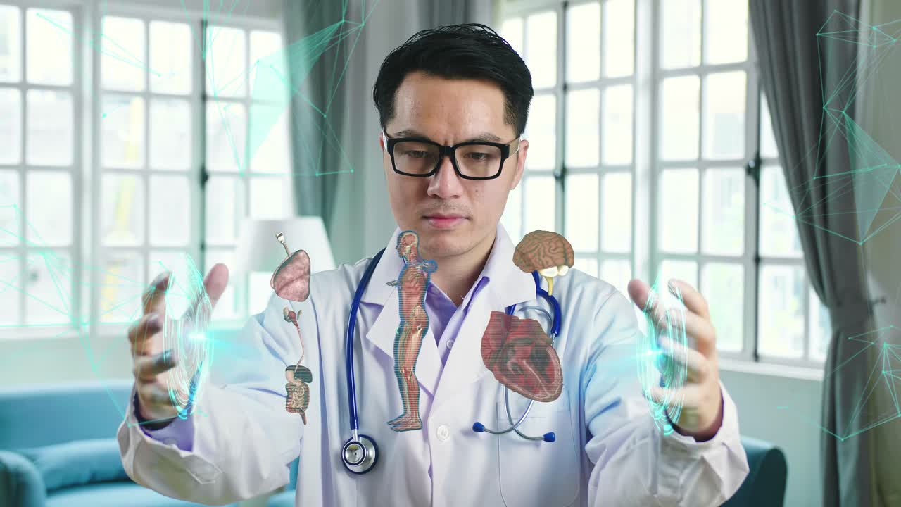 Doctor Working With Digital X-Ray Human Body Holographic Scan Projection 3D Rendering, Lung, Brain, Heart, Digestive System