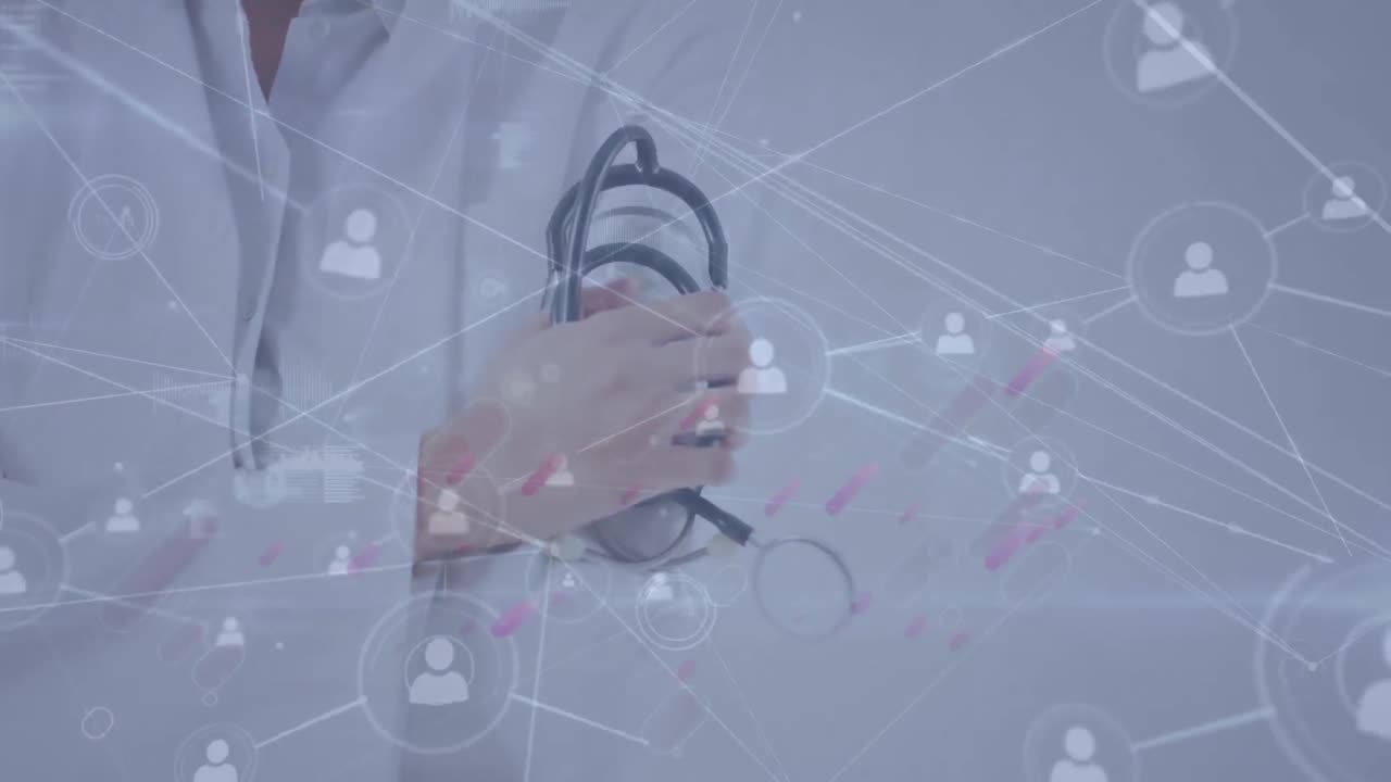 스테토스코프를 가진 백인 의사에 대한 연결 네트워크의 애니메이션