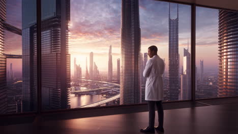 man in lab coat overlooking a futuristic cityscape at sunset