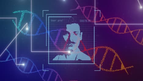 Animation-Von-Benutzerfotos,-DNA-Und-Lichtern-Auf-Blauem-Und-Violettem-Hintergrund