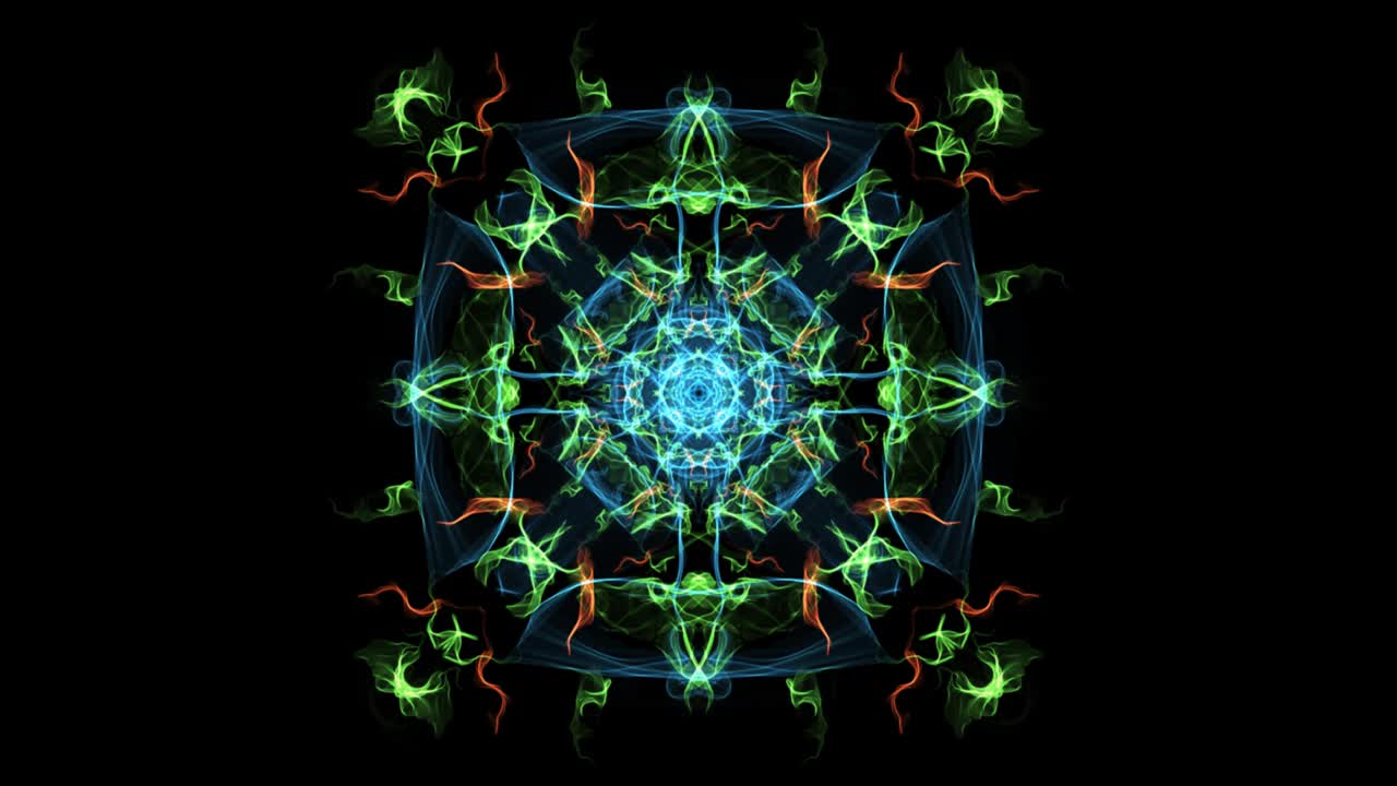 abstracta animación fractal multicolor en composición cuadrada, efecto de humo variado. bonito ornamento simétrico en fondo negro