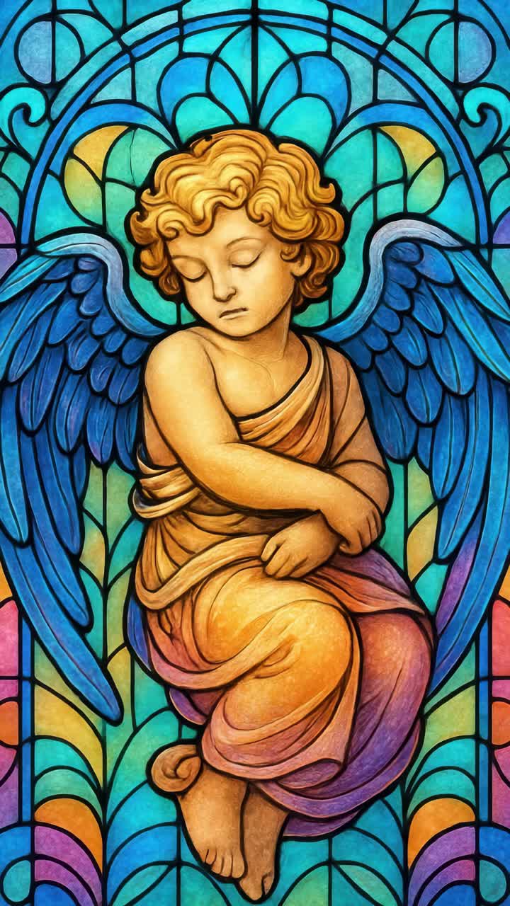 Una vivace vetrata raffigurante un angelo sereno. Acquisita da un angolo frontale.