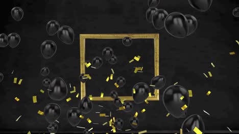 Golden-confetti-falling-and-multiple-black-balloons-floating-over-frame-against-black-background