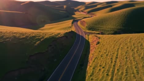 scenic winding road through rolling hills at sunset