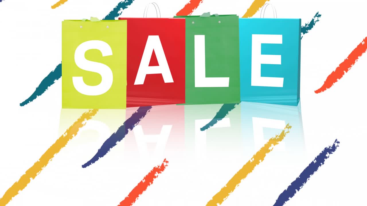 animación del texto de venta en bolsas de compras multicolores y trazos coloridos sobre fondo blanco